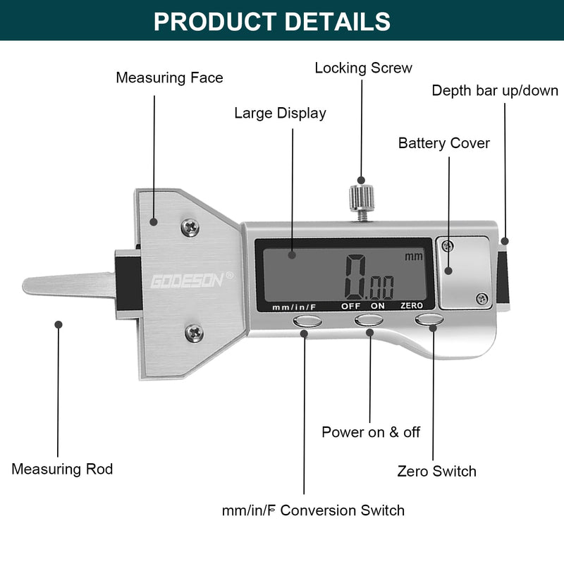 GODESON Metal Digital Tire Tread Depth Gauge, LCD Display Tire Tread Depth Gauge with 3 Modes-Fractional Inch, Decimal Inch and Millimeter,Precision Professional Measuring for Motorcycle, Car, Trucks Single