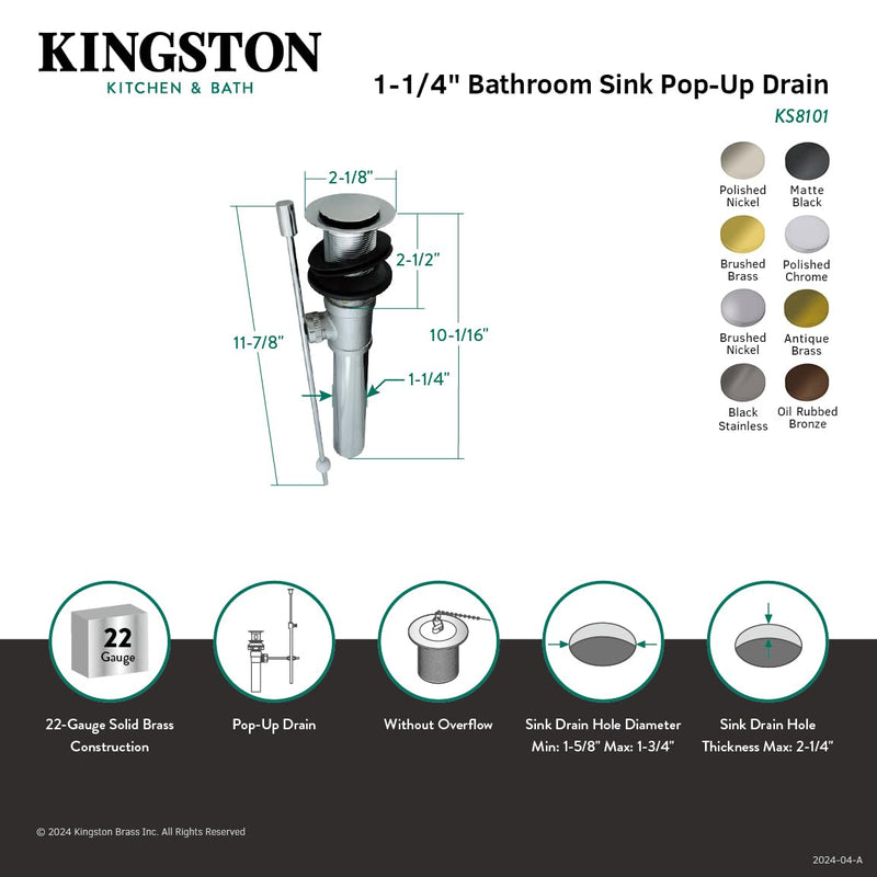 Kingston Brass Fauceture KS8103 Pop-Up Drain without Overflow, Antique Brass