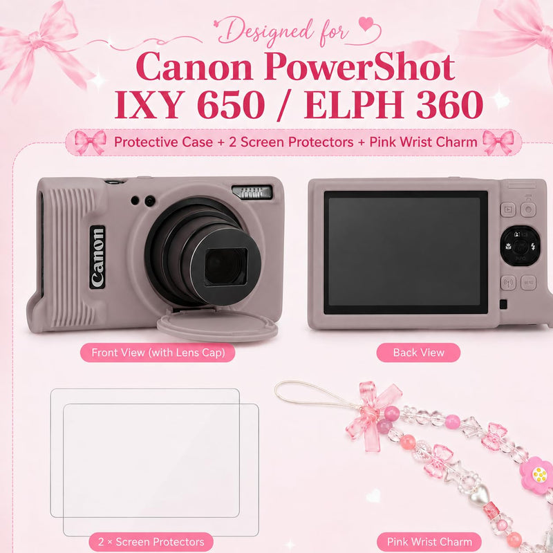 Case for Canon PowerShot ELPH 360 with 2-Pack Screen Protector | Removable Lens Cap Silicone Protective Cover with Cute Charm Wrist Strap for Canon ELPH 360 HS/IXY 650 - Mauve Canon PowerShot ELPH 360/IXY 650