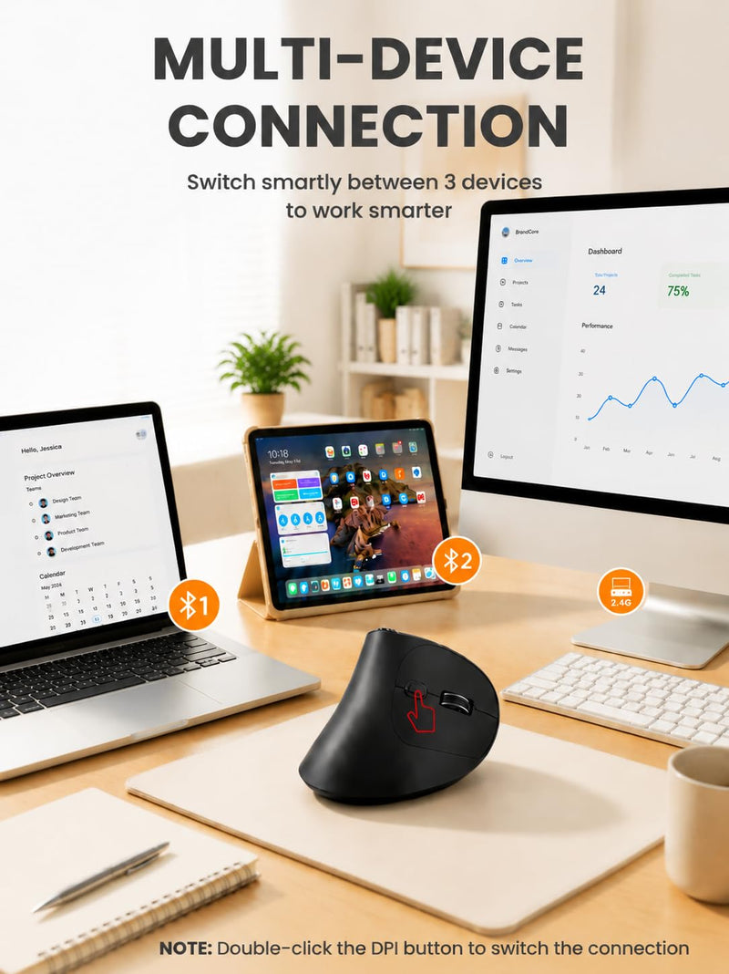 SABLUTE MAM51 Ergonomic Mouse, Bluetooth Mouse with Side Scroll Wheel | Wireless Mouse for Small to Medium Hands, High 4000 DPI, 8 Buttons, Bluetooth/2.4GHz Vertical Mouse for Windows, Mac Black
