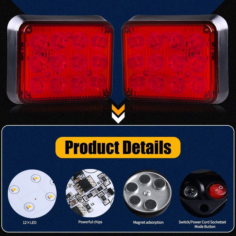 2PCS Magnetic Trailer Lights, Red Beacon Wireless Magnetic Strobe Lights Rechargeable Emergency Warning Lights Portable Surface Mount Strobe Lights for 12V 24V Trucks Car Trailer Vehicles Van