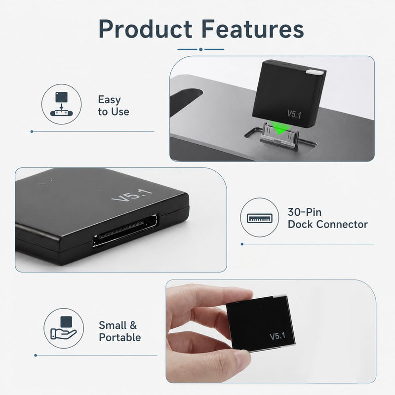30-Pin Bluetooth Adapter Receiver for Speaker Docks,Wireless Audio Adapter | Plug-and-play for select 30-pin docking stations, compact stereo music receiver, dock-powered, not for car docks