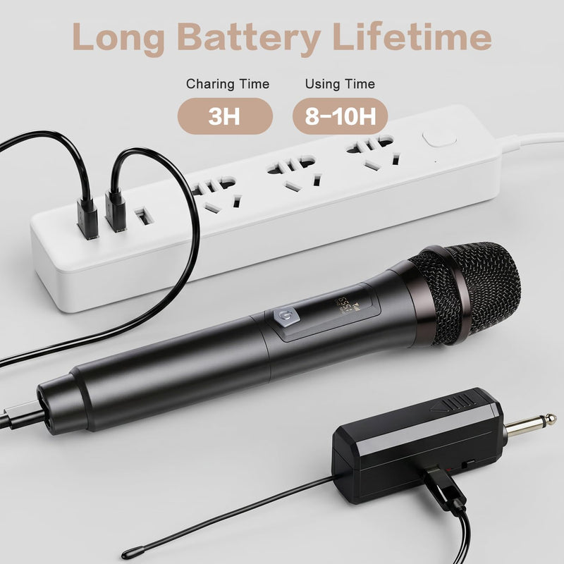 Wireless Microphone, Rechargeable Fixed Frequency Handheld Wireless Mic, Dual Cordless Dynamic Mic with Rechargeable Receiver-160ft Range, Karaoke Microphone for Party Singing Church Speech DJ Wedding Gray