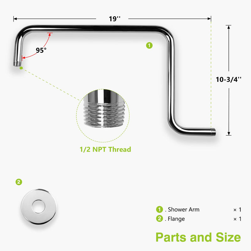 Naiture S Shaped Shower Arm, Gooseneck Shower Head Extension Arm, 1/2 NPT Threaded Connection, 19 Inch Length, Brass, Chrome Finish