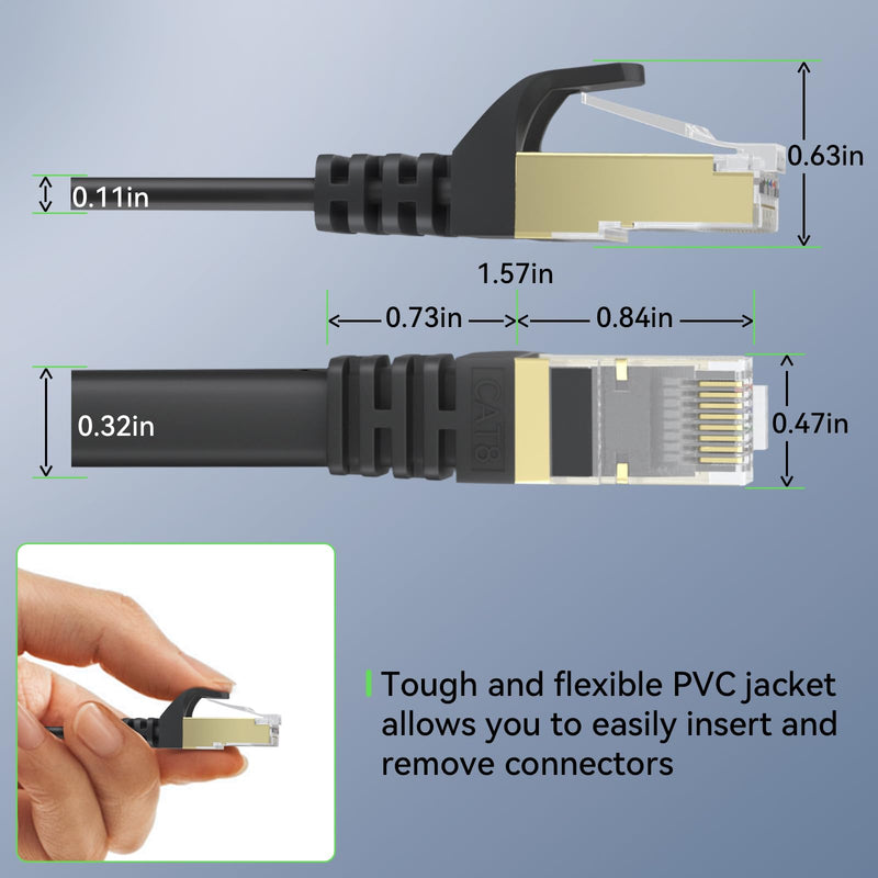 BUSOHE Cat 8 Ethernet Cable 60 FT, 40Gbps 2000MHz Cat8 High Speed Flat Internet Network Patch Cord, SFTP Shielded LAN Wire with Gold Plated RJ45 Connector, with Clips, Outdoor Indoor- 60FT Black