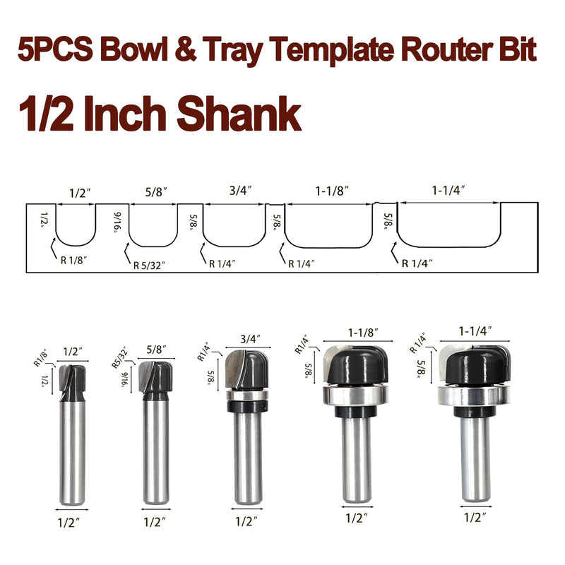 5PCS Bowl & Tray Template Router Bit Set 1/2 Inch Shank, Cove Juice Groove Router Bit, Carbide Tipped Circle Round Nose Cutting, Ideal for Making Wood Bowls, Trays, Boxes, Board Troughs 5pcs 1/2 Inch