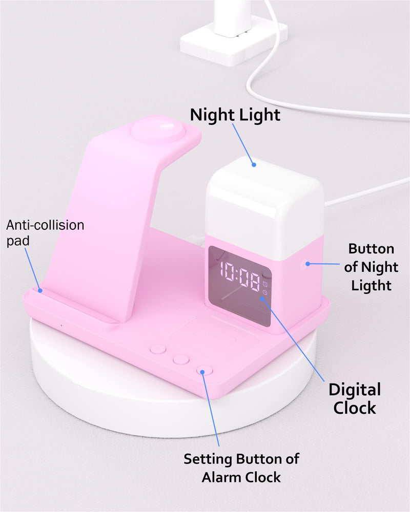 Wireless Charger for iPhone, 6in1 Fast Phone Charger Stand Dock Alarm Clock Night Light, Wireless Charging Station for Apple Watch, for Airpods 3/2/Pro, for iPhone 17/1615/14/13/12/11/Pro/Max (Pink) Pink