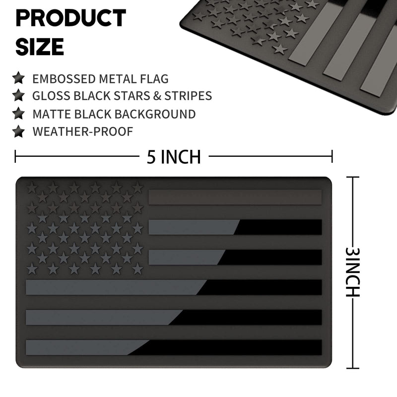 Embossed 3D Metal All Black American Flag Emblem Decal Stickers (1 Pair), Matte Black 5" x 3" Patriotic USA US Flag Car Decals Bumper Stickers for Truck, Window, Motorcycle, Support US Military Black 1 Pair 5" x 3"