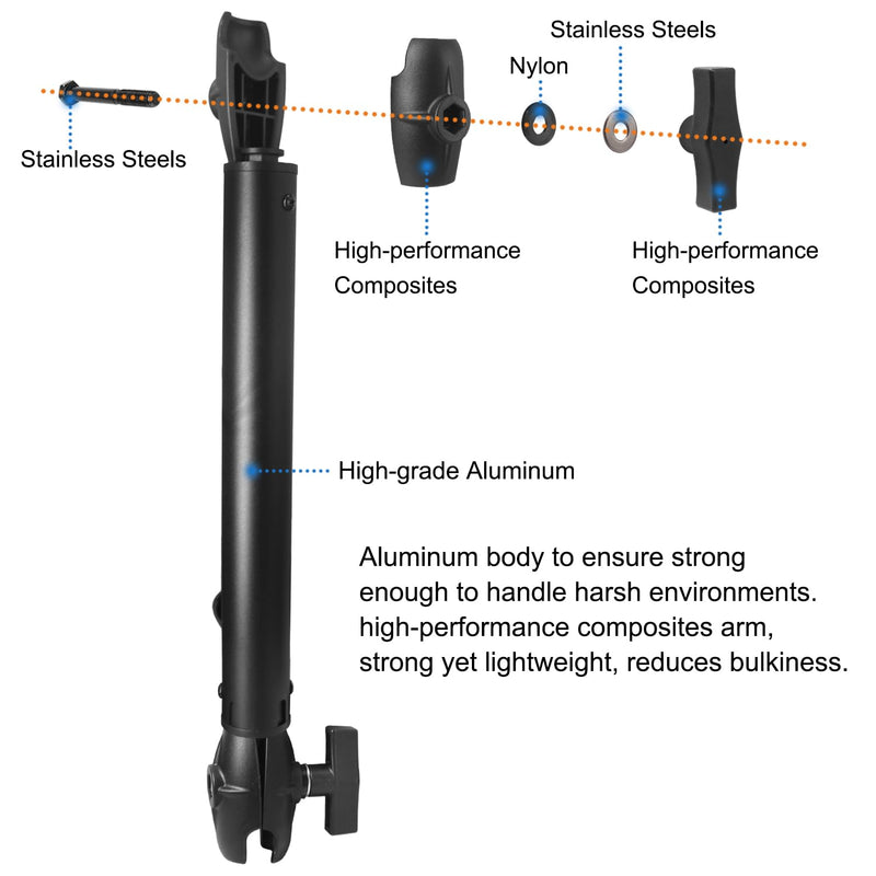 Aluminum Extension(18.3"/46.5cm) Double Socket Arm for 1.5 Inches/C Size / 38mm Ball Accessories, Powerful Clamp, 360° Rotation, Compatible with RAM Mount, iBolt and More