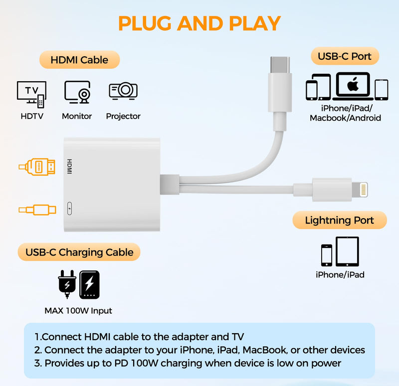 USB-C and Lightning to HDMI Adapter, 4K 60Hz, MFi, 100W Charging | Digital AV Adapter for iPhone and iPad to TV, Projector, or Monitor with Stable 4K Screen Sync and Charging Support