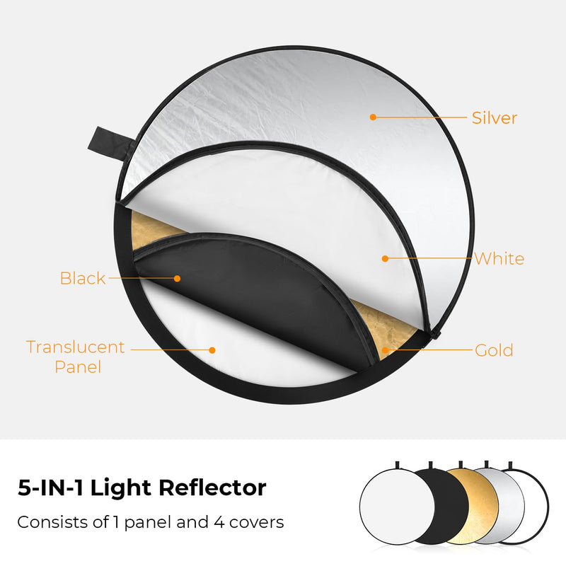 K&F CONCEPT 5-in-1 Light Reflector 32"(80cm) Photography Diffuser Collapsible Portable for Studio and Outdoor Lighting Gold Silver White Black Translucent 32'' (80cm)