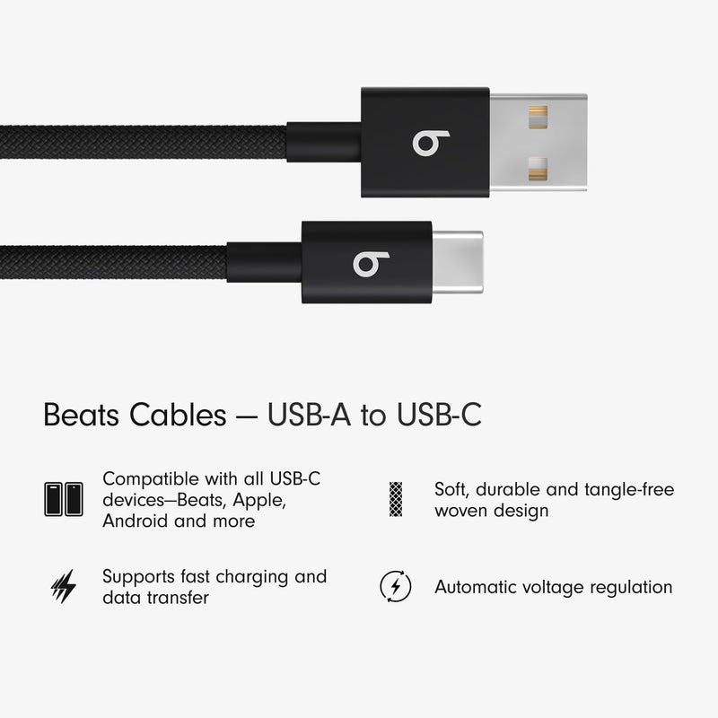 Beats USB-A to USB-C Woven Cable 2 Pack Fast Charging Durable/Tangle-Free Compatible Charger for Apple & Android Devices (1.5 m, 5 ft) - Bolt Black 5ft - 2 pack