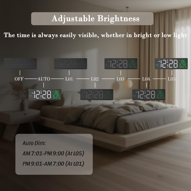 DreamSky Wooden Digital Alarm Clocks for Bedrooms – Large Display Desk Clock with Date & Day of Week for Living Room, Temperature, Dimmer, Adjustable Volume, Auto DST, Office Wood Décor (Plug-in) Black-white-green (Plug-in)