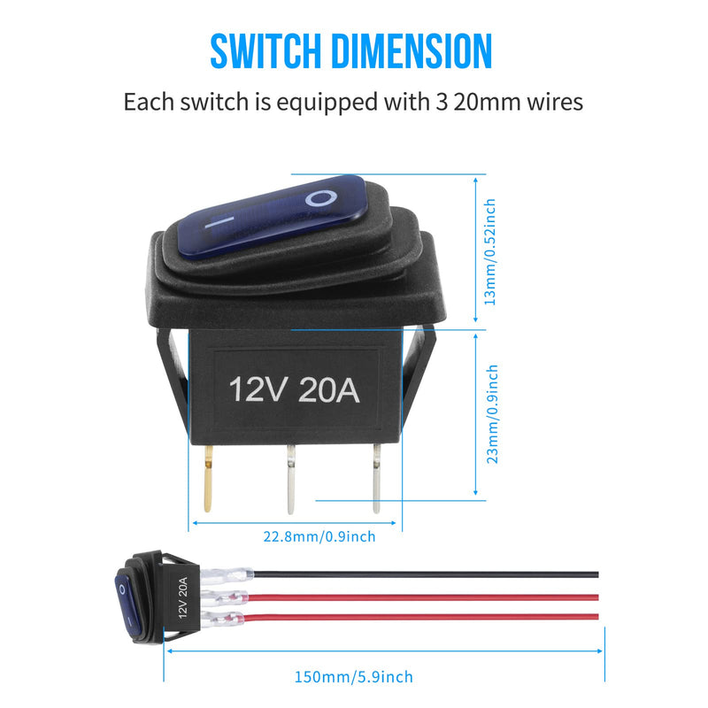 12v Rocker Switch Waterproof 5 PCS - 12 Volt Toggle Switch with 3 20cm Detachable Wires, SPST 3 Pin On Off Switches Snap-in Design Square Switch with Blue LED Light for Car Boat Marine RV Truck KCD3