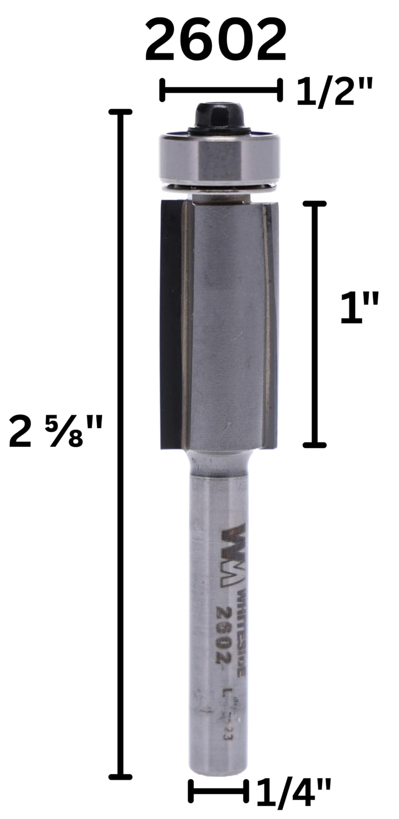 Whiteside 2602 Two Flute Downshear Flush Trim Router Bit: 1/2 Inch Cutting Diameter, 1 Inch Cutting Length, 1/4 Inch Shank, 2-5/8 Inch Overall Length, B3 Bearing