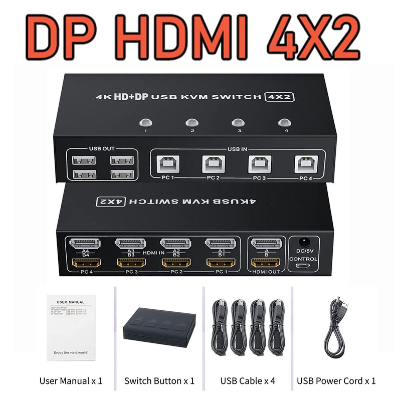 BolAAzuL HDMI + Displayport KVM Switch Box 4 Port, Dual Monitor 4 Computers HDMI 2.0 DP 1.2 USB 2.0 KVM Switch 4K 60Hz, Keyboard Mouse Peripherals Switcher HDMI+DP 4 in 2 Out for 4 PCs 2 Monitors 4 PC share 2 monitors(HDMI+Displayport)