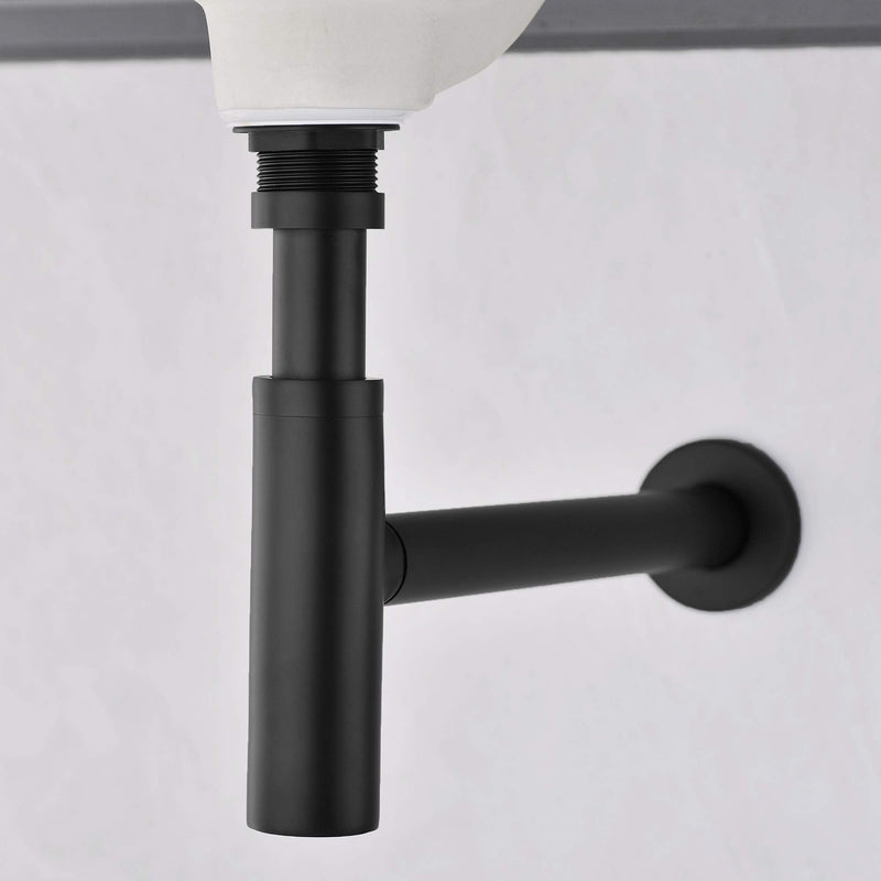 All Brass Round Bottle P Trap, 1 1/4 Bathroom Basin Sink Waste Trap Drain Tube Kit Extra Long Slip Joint Extension Tube Tailpiece for Sink Drain, Adjustable Height Matte Black