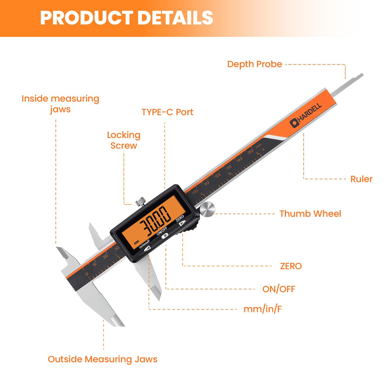 HARDELL Digital Caliper, 6" Rechargeable Caliper Measuring Tool with Large Orange Screen (Non-Backlit), Stainless Steel Digital Micrometer with Auto-Off, Inch/MM/Fraction for DIY/Household/3D-Printing | Precise Measurements, Digital Display 6 Inch