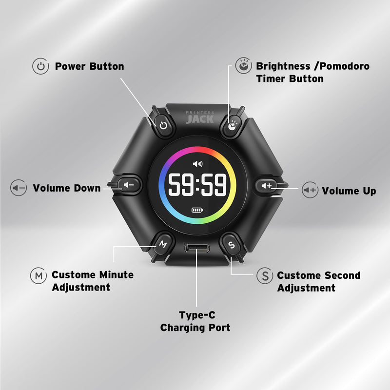 Jack Pomodoro Timer - Productivity Cube, Visual Focus Timer, Mute & Vibration & Adjustable Sound Alert, for Office, ADHD, Study, Work, 3/5/10/25/30/60min & Custom Countdown - Black Real Black