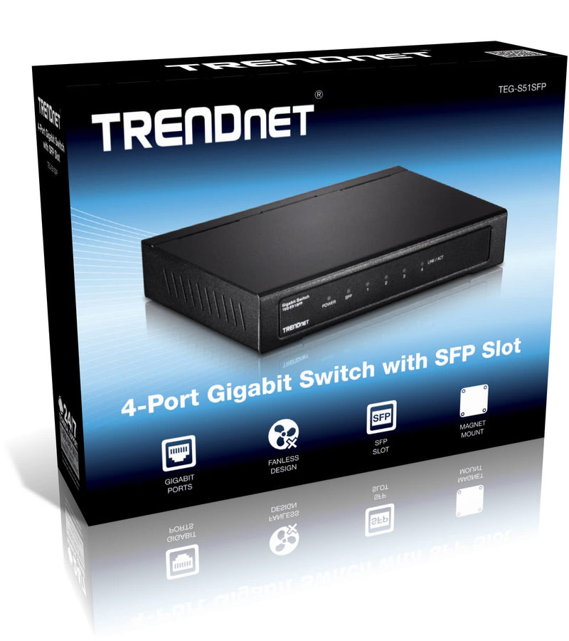 TRENDnet 5-Port Gigabit Compact Metal Desktop Switch with SFP Slot, TEG-S51SFP , Fanless Design, Wall Mountable, Lifetime Protection, Black