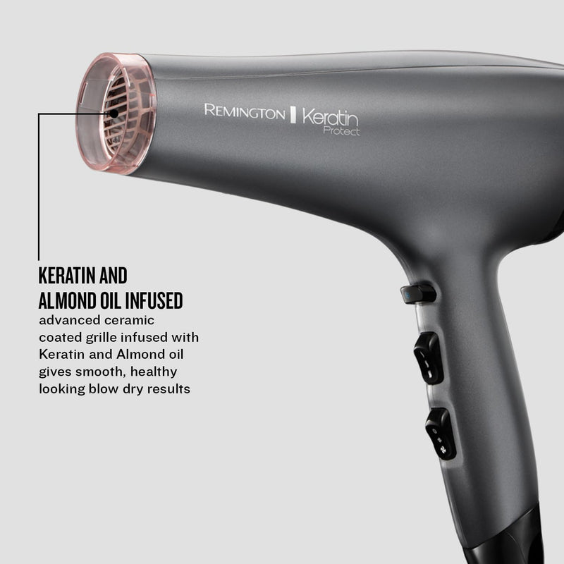 Remington Keratin Protect Hair Dryer (Infused with Keratin and Almond Oil for Smooth, Healthy Looking Hair, Powerful, Fast, Diffuser, 2 Concentrators - Super Slim & Fast-Drying, Ionic, 2200W) AC8008 | Infused with Keratin and Almond Oil for smooth, hea...