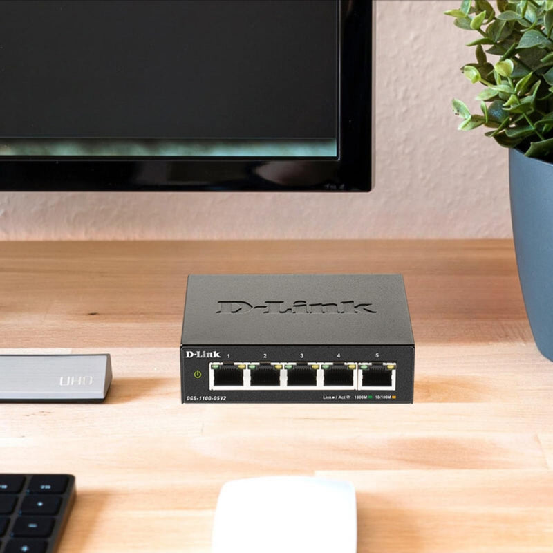 D-Link 5-Port Gigabit Smart Managed Switch —5GbE Ports —L2—VLANs —Web Managed —Desktop—Fanless —NDAA Compliant —Lifetime Protection (DGS-1100-05V2) Compact 5 Port Gigabit V2
