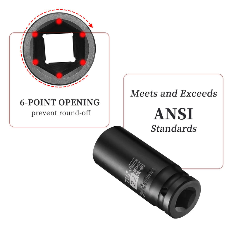 1/2-Inch Drive 22mm Deep Impact Socket with 6-Point Design, Heat-Treated Chrome Molybdenum Alloy Steel, Metric, Hex Deep Socket 1/2” Drive 22mm Deep 1/2” Drive Deep Socket