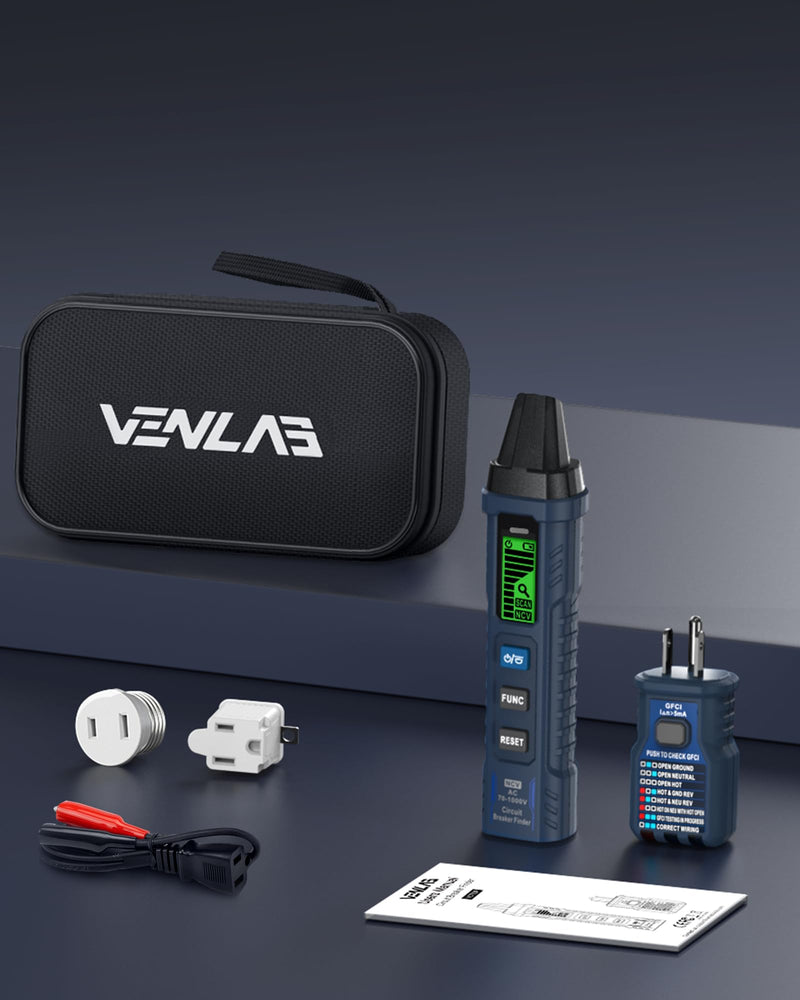 Circuit Breaker Finder with LCD Display, GFCI Outlet Tester, 90-130V Electrical Circuit Tracer Tool with NCV Tset & Flashlight, Includes Carrying Case with Adapter, Alligator Clips