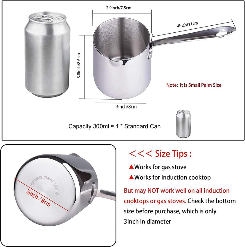 IMEEA 10oz / 300ml Butter Warmer Single-Serve Milk & Sauce Heating Pan 18/10 Tri-Ply Stainless Steel Mini Pot 10 fl oz