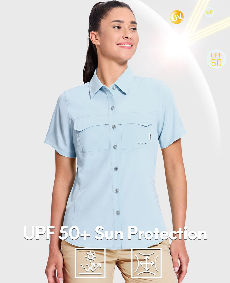 Haimont Women's UPF 50+ Sun Protection Button Down Fishing Hiking Travel Shirts Short Sleeve Quick Dry Shirt with Pockets Medium Light Blue
