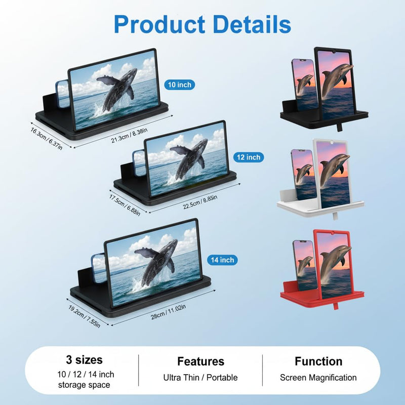 Screen Magnifier for Cell Phone with Adjustable Stand, Foldable Phone Screen Magnifier for Movies & Videos, Hands-Free Viewing, Compatible with All Smartphones (Black, 14'') Black 14''