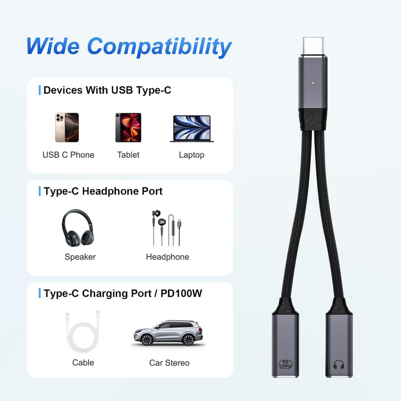 Mandiq USB C Splitter 1 in 2 Out，Type C to Headphone Jack Adapter and Charger Adapter Audio Dongle Cable with PD 100W for iPhone 16 15 Pro Max， iPad Pro，More USBC Grey