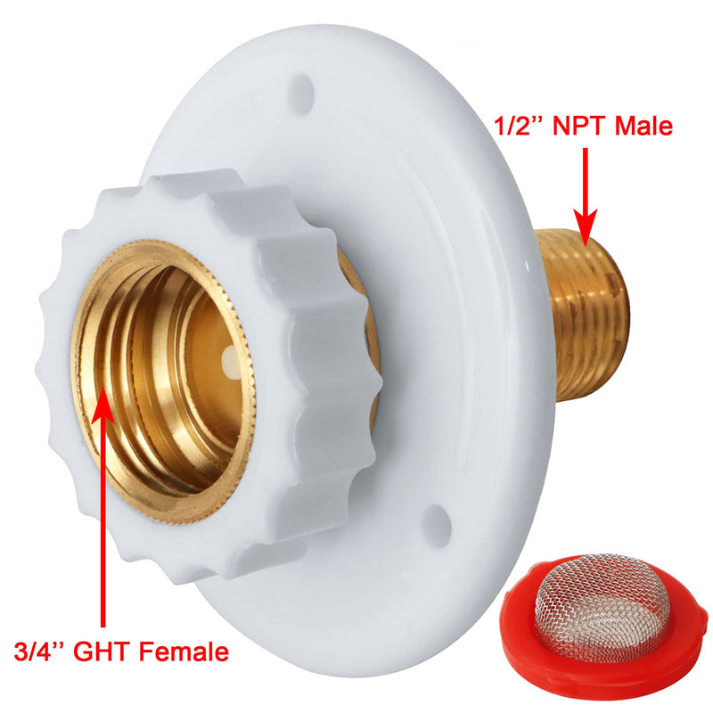 EXCELFU RV City Water Fill Inlet Flange Brass with Check Valve, RV Water Inlet Replacement 1/2" NPT Male, City Water Connection Inlet for RV Camper Motorhome Trailer Marine (White) White