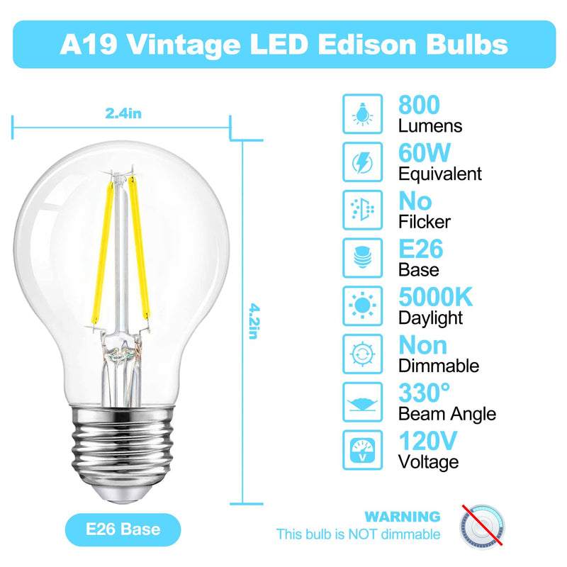 dalattin A19 Vintage LED Edison Bulbs, 60W Equivalent Light Bulbs, 5000K Daylight White, Clear Glass Filament Bulb, Efficient 8W, E26 Base, 800 LM, CRI80+, Non-Dimmable for Home, Farmhouse, 12 Pack