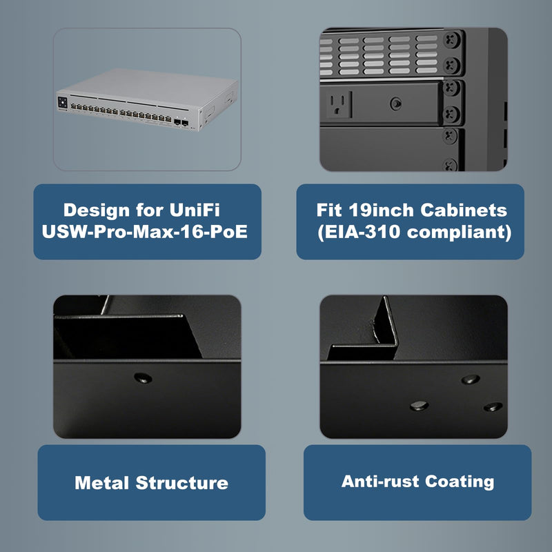 19 Inch 1U Metal Rack Mount for UniFi Switch Pro Max 16 PoE, Black Powder-Coated Steel Server Rack Shelf 1U Secure Network Switch Mount with Enhanced Airflow
