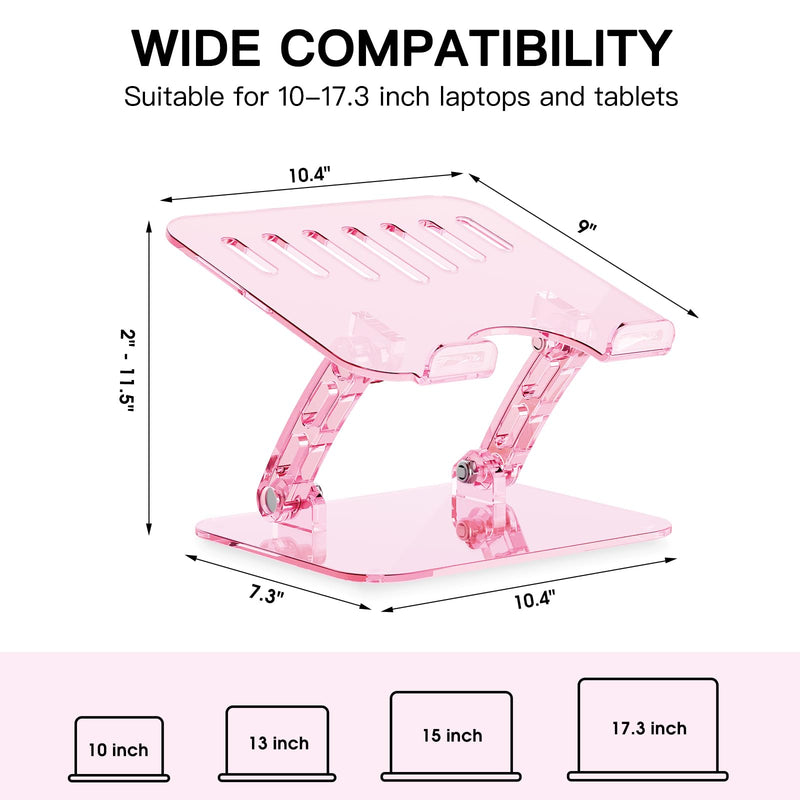 Pink Acrylic Adjustable Laptop Stand,Adjustable Height Foldable Laptop Riser for Desk, Clear Portable Laptop Holder Ergonomic Computer Stand,Compatible with 10-17.3” Laptops (Pink) pink