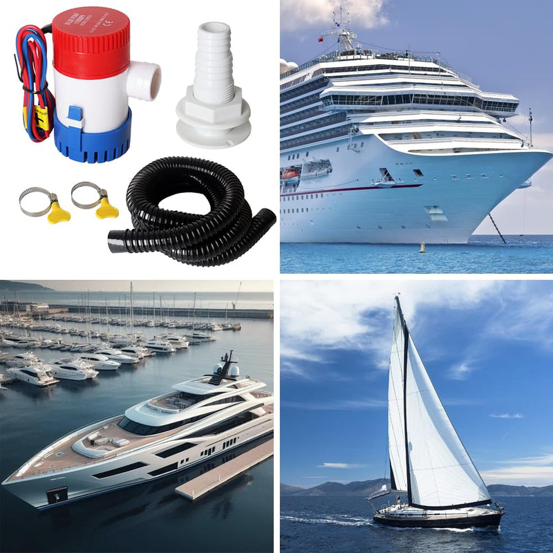12v 1100GPH Boat Bilge Water Pump, 1-1/8 Inch Dia Boat Bilge Pump Hose Kit, 6.5 FT Kink-Free PVC Hose, 2 Stainless Steel Hose Clamps & ABS Thru-Hull Fitting, for Boats, Yachts and RVs Manual Bilge Pump+Hose Kit
