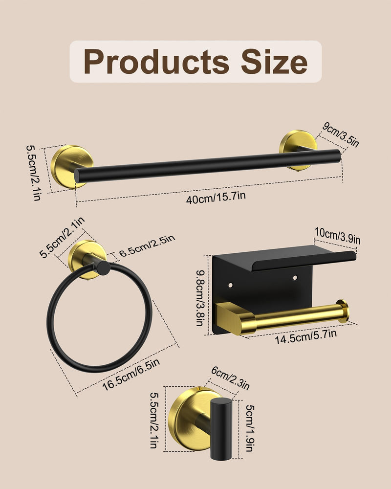 Bathroom Hardware Set 10 Pieces,Towel Bar Set Bathroom Accessories with 16'' Towel Bar Towel Ring Toilet Paper Holder and Towel Hooks Black Gold