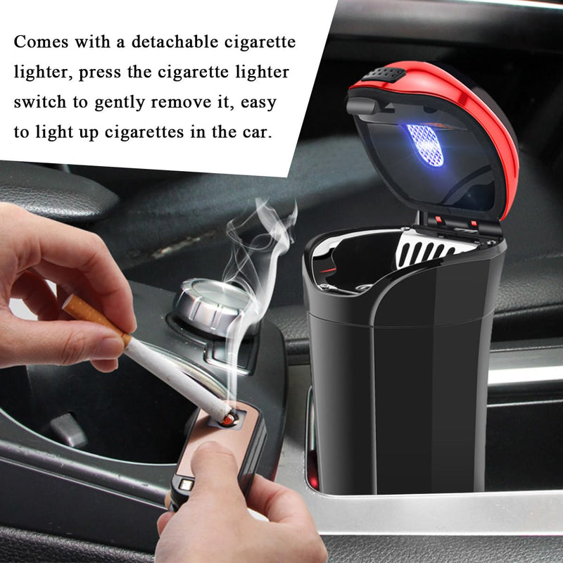 Car Ashtray with Lid, Rechargeable Stainless Auto Ashtray with LED Light Indicator, Portable Smell-Proof Ashtray Cup with Lid & Detachable Cigarette Lighter, Car Accessories (Red) Red