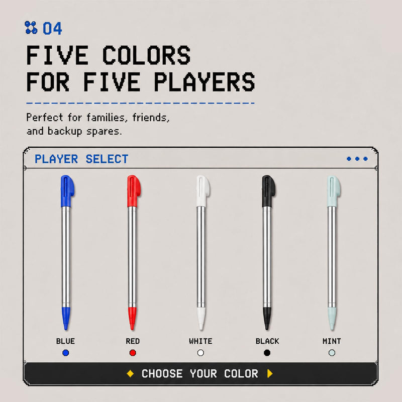 Retractable Stylus for Nintendo 3DS XL [5 Pack], Telescopic Metal Pen 3.74"-4.88" (9.5-12.4cm), Designed for 3DS XL Console Slot — Blue, Red, White, Black, Light Green