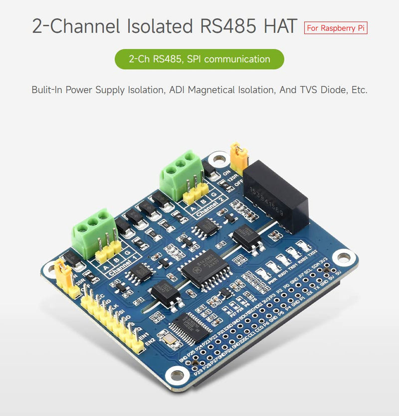 Waveshare 2-Channel Isolated RS485 Expansion HAT, Compatible with Raspberry Pi 5/4B/3B/Zero/Zero W/Zero 2W/Pico/Pico W/Pico WH, SC16IS752+SP3485 Solution with Multi Onboard Protection Circuits