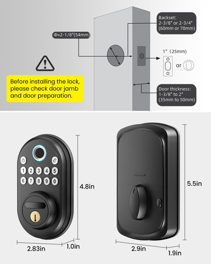 Fingerprint Door Lock with Keypad - Keyless Entry Smart Deadbolt Lock for Front Door with 2 Keys, Auto Locking, Easy Installation, Modern Digital Lock with Code for Smart Locks & Home Security