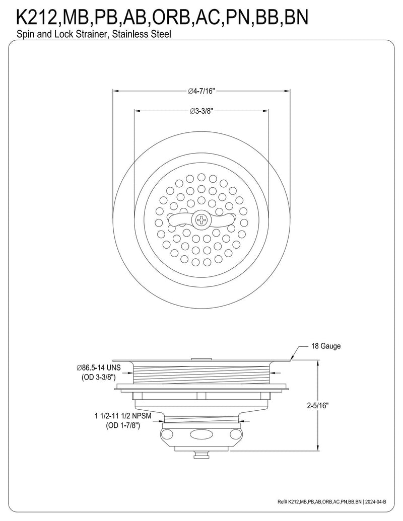 Kingston Brass K212BB Tacoma Spin and Seal Sink Basket Strainer, Brushed Brass