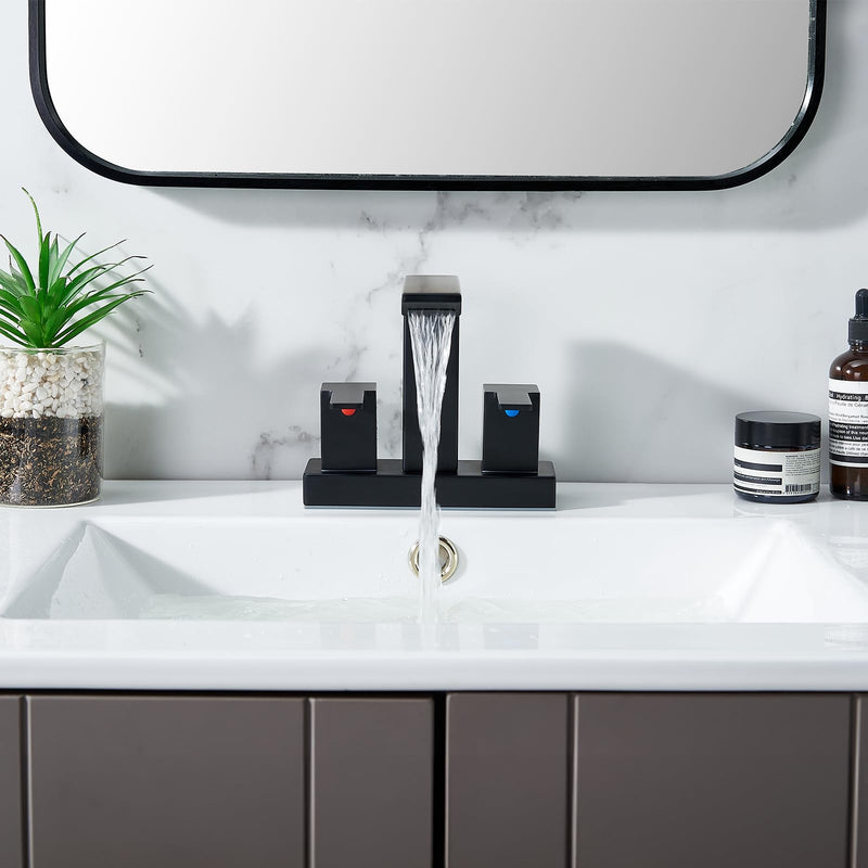 IKEBANA Matte Black Waterfall Bathroom Faucet, 4 inch 2 Handle 304 Stainless Steel Bathroom Sink Faucet, Modern Waterfall Spout Lead-Free Sink Faucets with Pop-up Drain and Supply Hoses, IK-QK2324