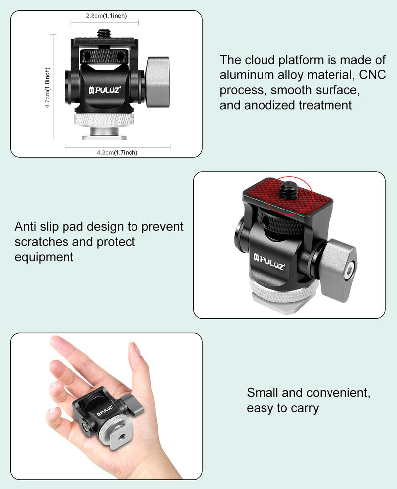PULUZ Mini Camera Monitor Mount with Cold Shoe, Mount Adapter with 1/4" Screw 360° Swivel & Adjustable 180° Tilt Damping for Monitors, Video Recorders, Cameras and Other Equipment(Silver) Silver, Black