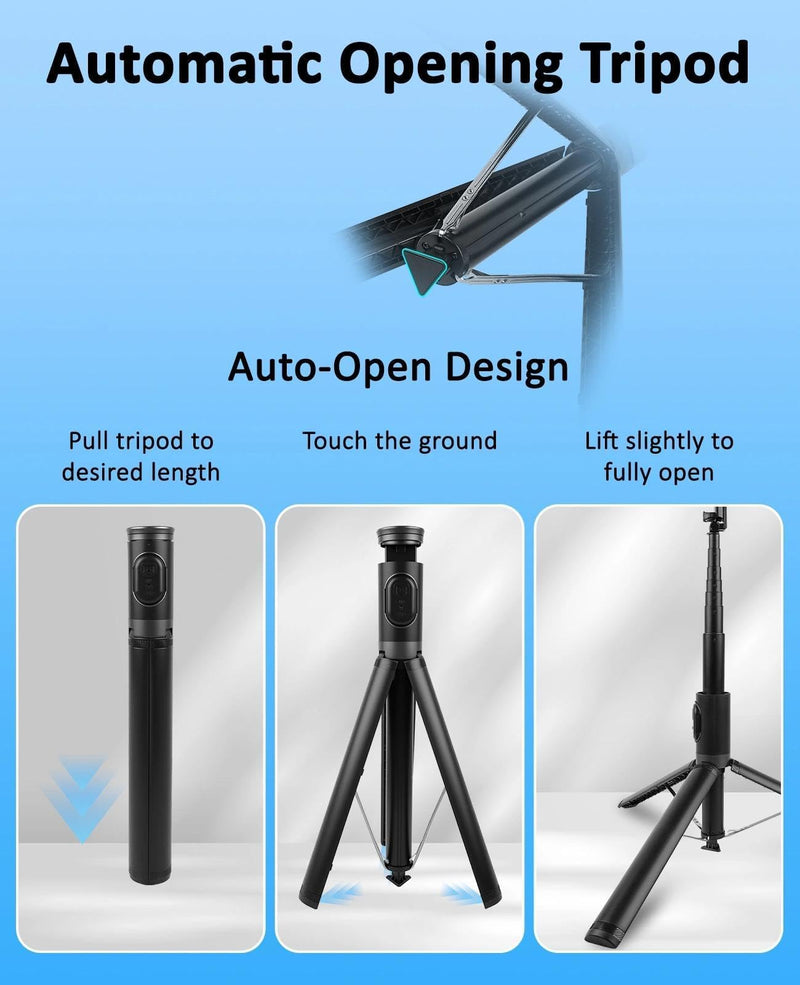WOVTE 67" Automatic Phone Tripod, Auto-Open Selfie Stick Tripod with Wireless Remote, Portable Travel Phone Stand Compatible with iPhone/Android for Photograph, Video Recording, Live Streaming (Black)