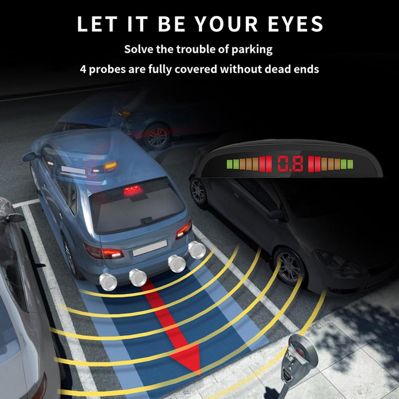EKYLIN Cordless Parking Sensor, Reverse Sensor System with 4 Car Backup Sensors, LED Distance Display with Sound Warning + 4 Black Parking Sensors for Cars, Vans, RVs, and Trailers