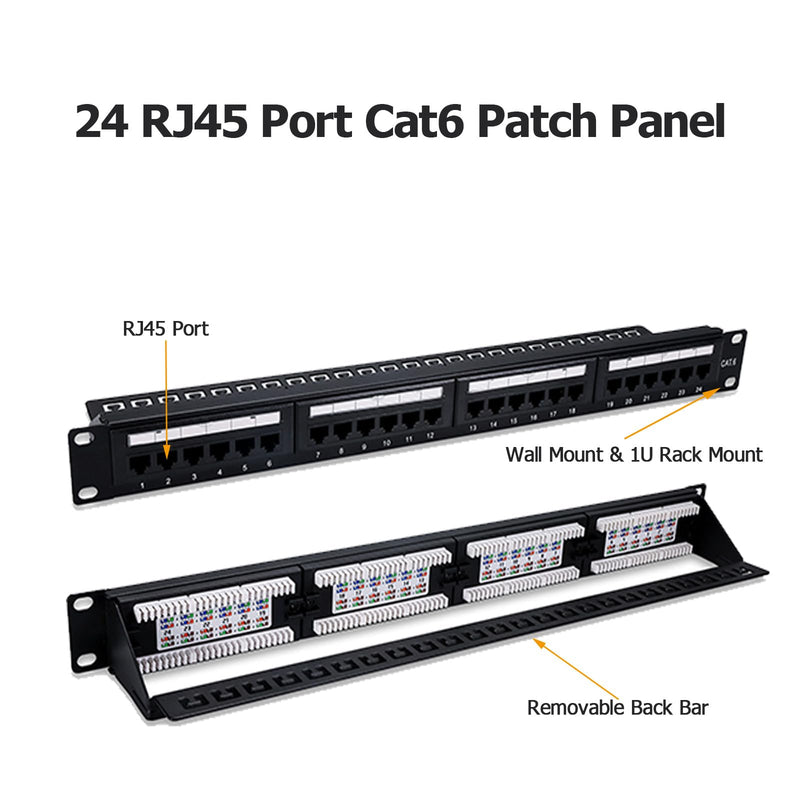 6COMGIGA 24 RJ45 Port Cat6 Patch Panel with Removable Back Bar,Support 110 & Krone Terminations,1U 19 Inch Network Patch Panel for Cat6, Cat5e, Cat5 Cabling Dual IDC Patch Panel