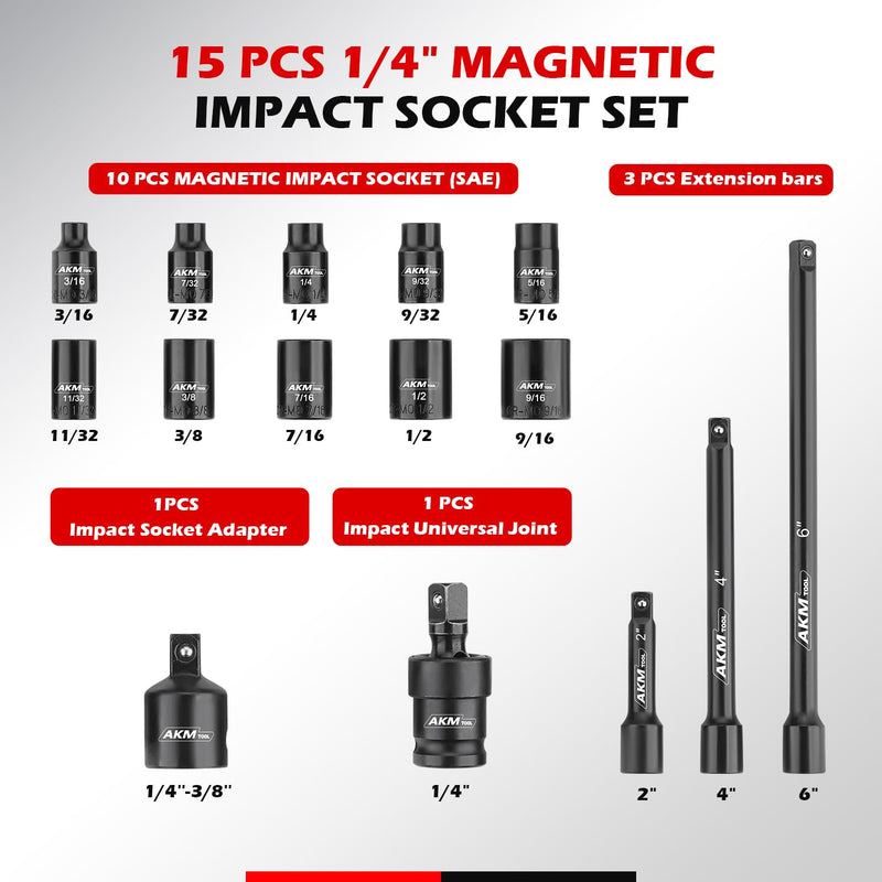 1/4 Inch Drive Magnetic Impact Socket Set, 15-Piece SAE, 1/4 Inch-9/16 Inch, 6 Point, Cr-Mo, Square Drive, Magnetic Socket with Impact Socket Adapter, Universal Joint & Extension 15PCS 1/4" SAE Magnetic Impact Socket Set