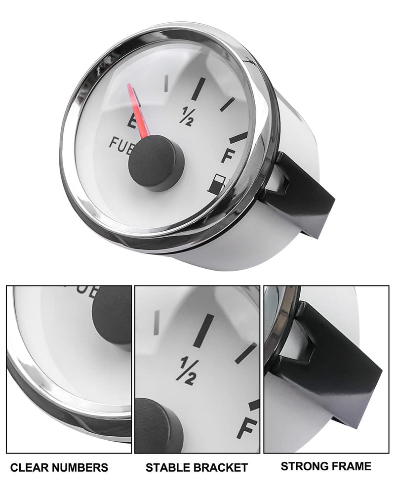 0-90 ohm Fuel Level Gauge, White Marine Boat Fuel Gauge, Automotive Gas Fuel Tank Meter Gauge for Car RV Truck Vehicle, with 52mm Dial & LED Backlight White Fuel Gauge